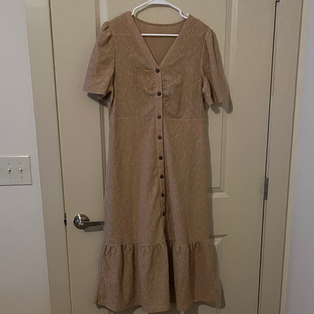 Eyelet Tan Button-Down light flouncy cottagecore capsule Dress